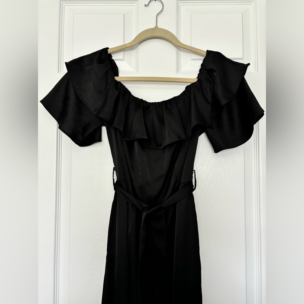 Everly Medium Sleek Off the Shoulder Black Jumpsuit with Tie Waist